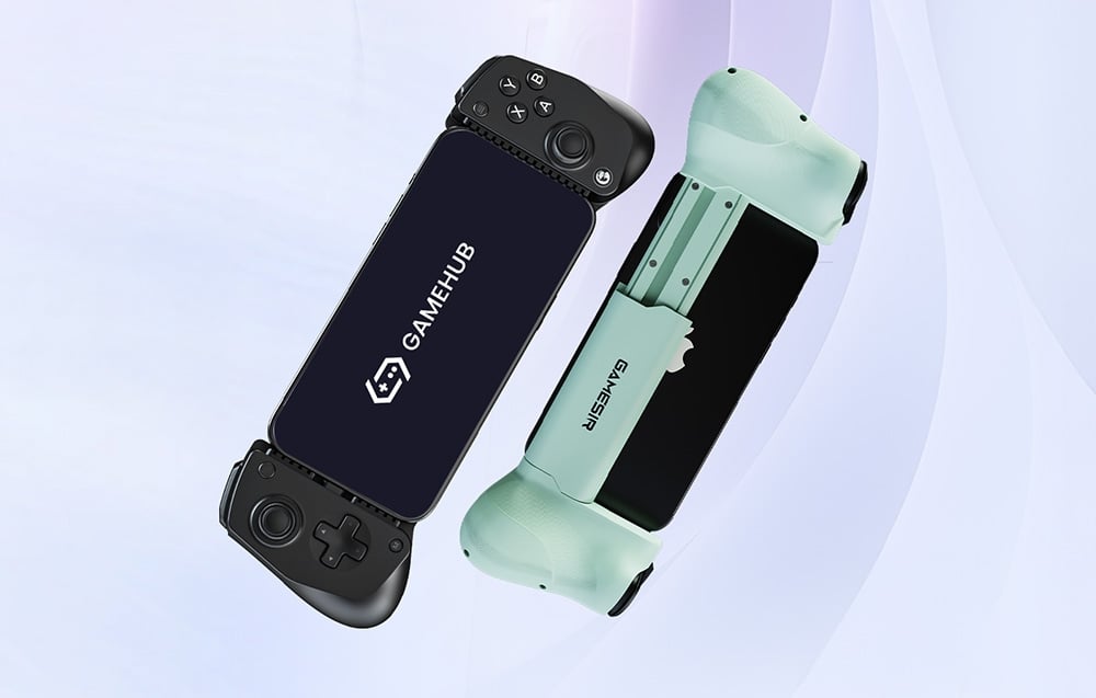 Dwa kontrolery GameSir z zamocowanymi smartfonami, widoczne od przodu i od tyłu na jasnym tle.