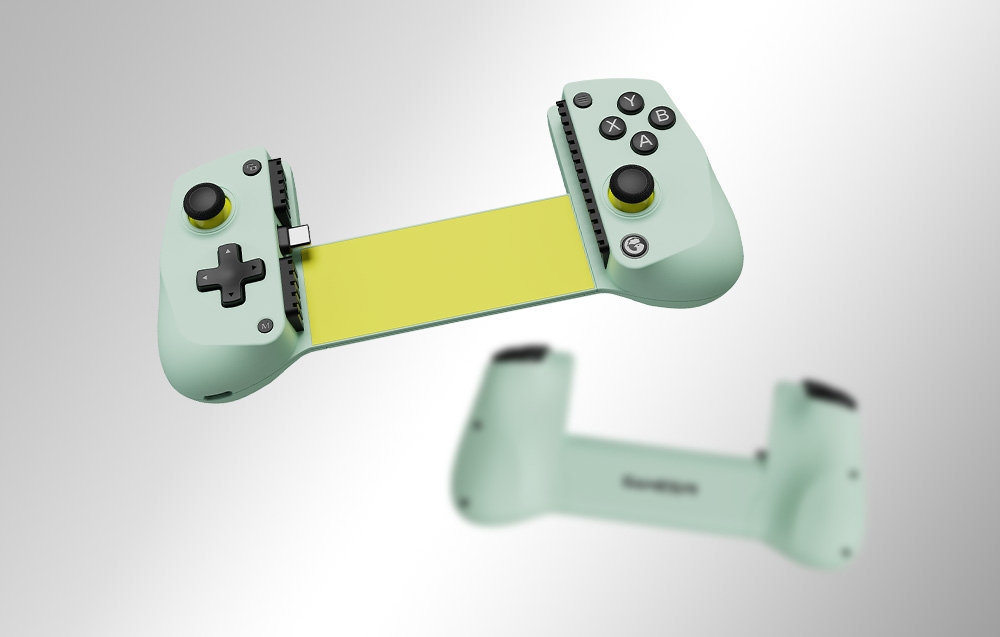Zielony kontroler GameSir bez telefonu, rozciągnięty w pozycji gotowej do montażu smartfona.