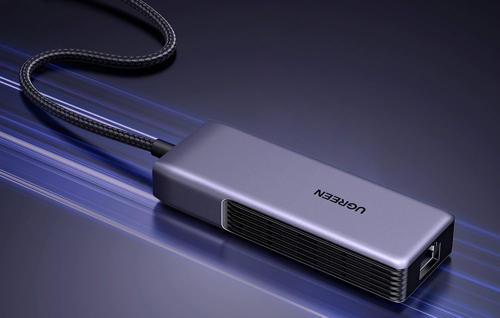 UGREEN network adapter on a dynamic background with lighting effects