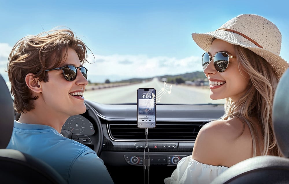 A couple in sunglasses sits in a car with a phone mounted on the dashboard