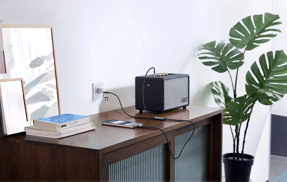 A black speaker connected with a cable to a phone on a wooden table next to books and a monstera plant