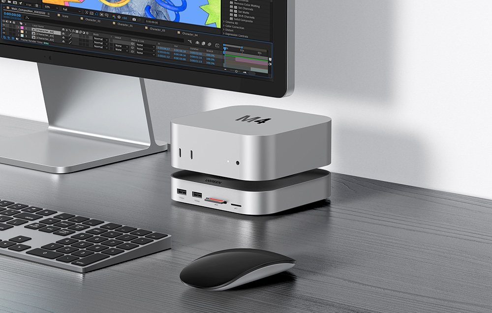 UGREEN docking station with Mac mini M4 on a modern desk next to a mouse and keyboard