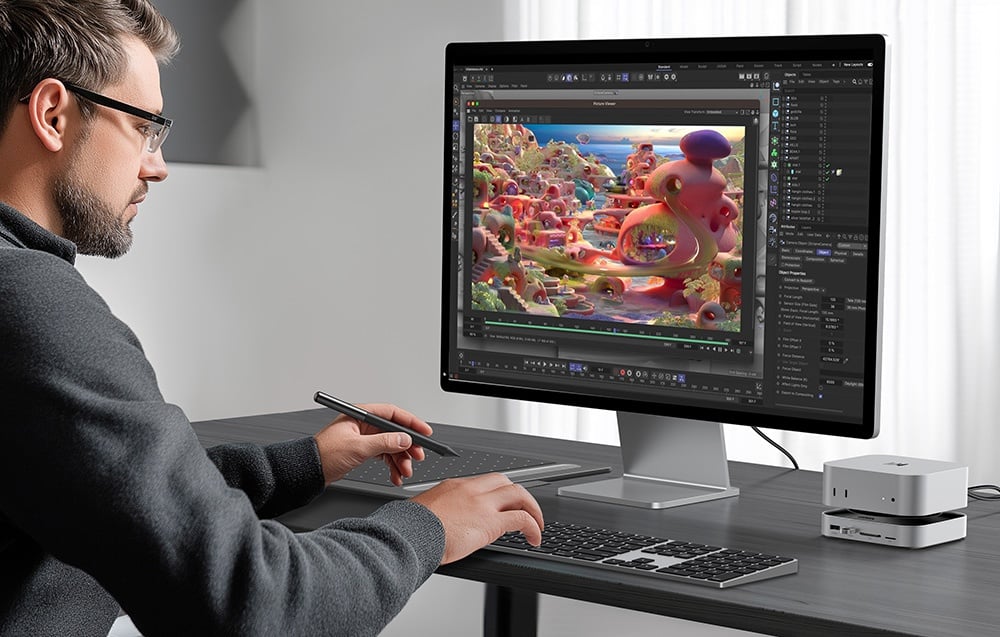 Graphic designer working at a computer with the UGREEN docking station connected