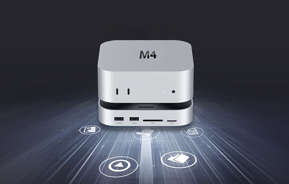 UGREEN docking station with Mac mini against icons symbolizing various functions