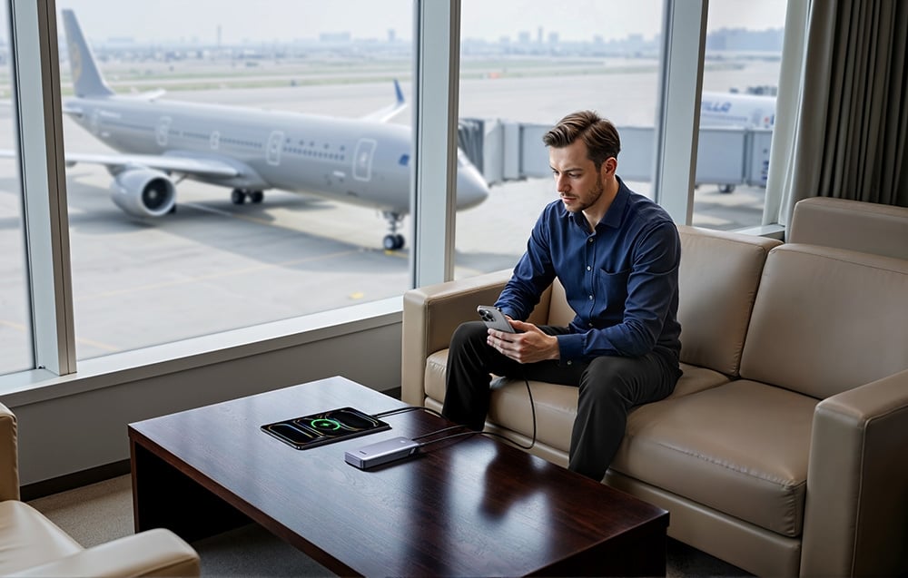 Mężczyzna siedzący w poczekalni na lotnisku ładujący telefon za pomocą powerbanku UGREEN