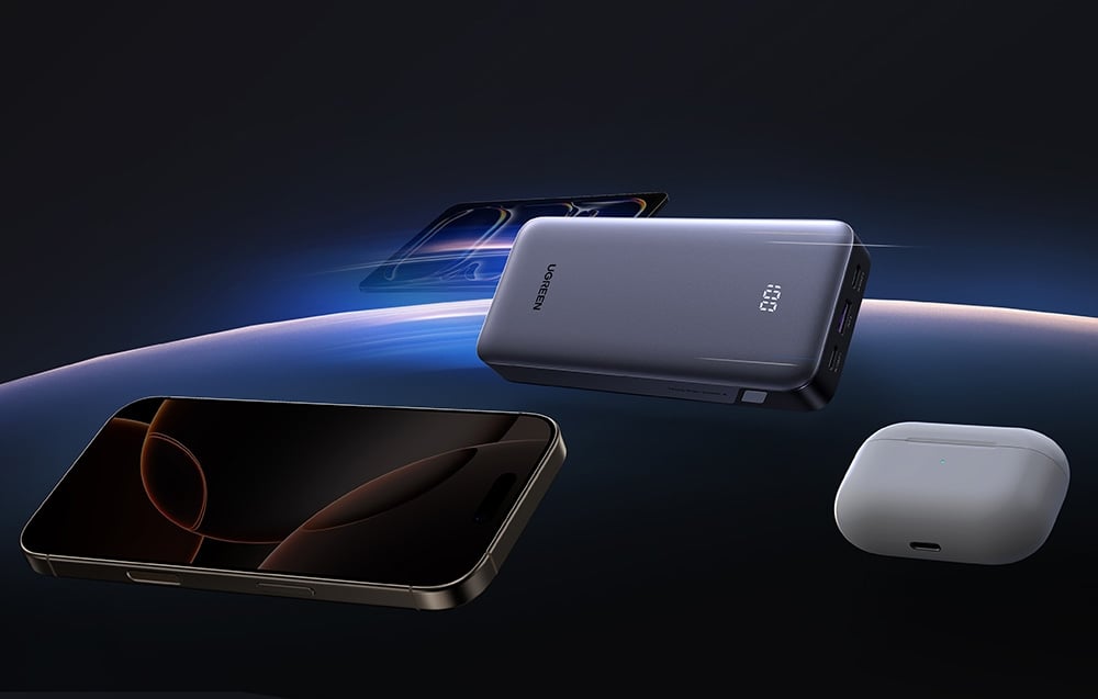 Powerbank UGREEN w otoczeniu różnych urządzeń mobilnych gotowych do ładowania