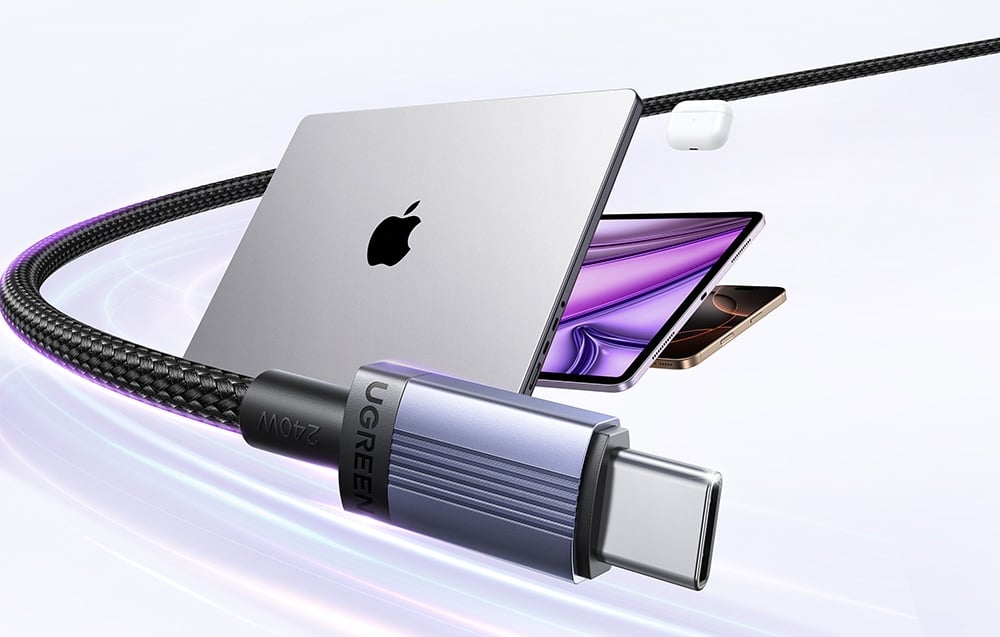 USB-C cable, laptop, tablet, smartphone, and case with TWS headphones on a light background