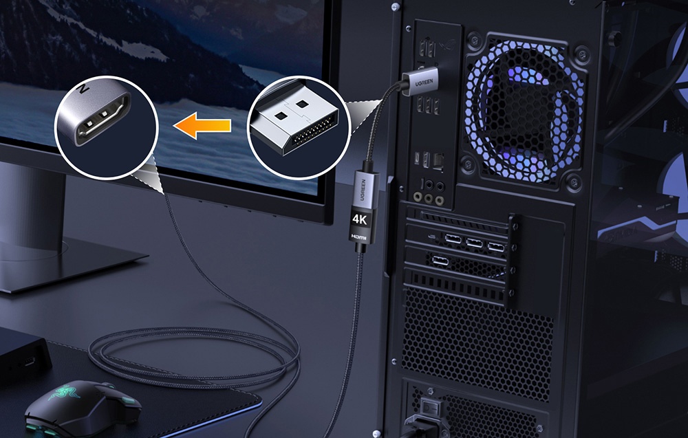 Kabel podłączony do komputera stacjonarnego z podświetlanym wentylatorem, widoczne porty