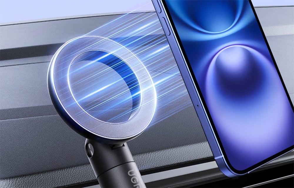 Smartphone, das sich der UGREEN-Halterung nähert, mit sichtbaren Linien der magnetischen Anziehung