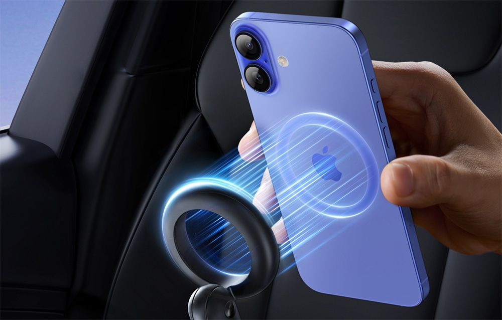 iPhone, das sich der magnetischen Halterung im Auto nähert
