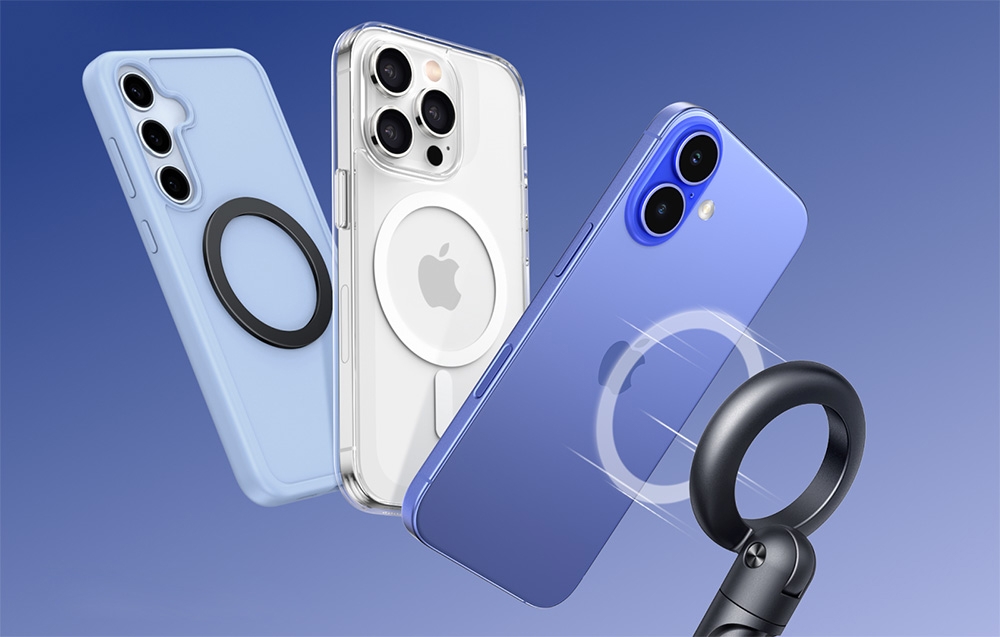 Drei Smartphones mit Hüllen, die mit der magnetischen Halterung von UGREEN kompatibel sind