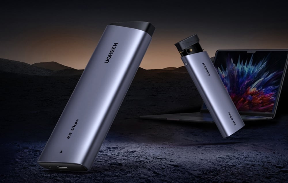 UGREEN SSDs presented against a laptop and a futuristic landscape
