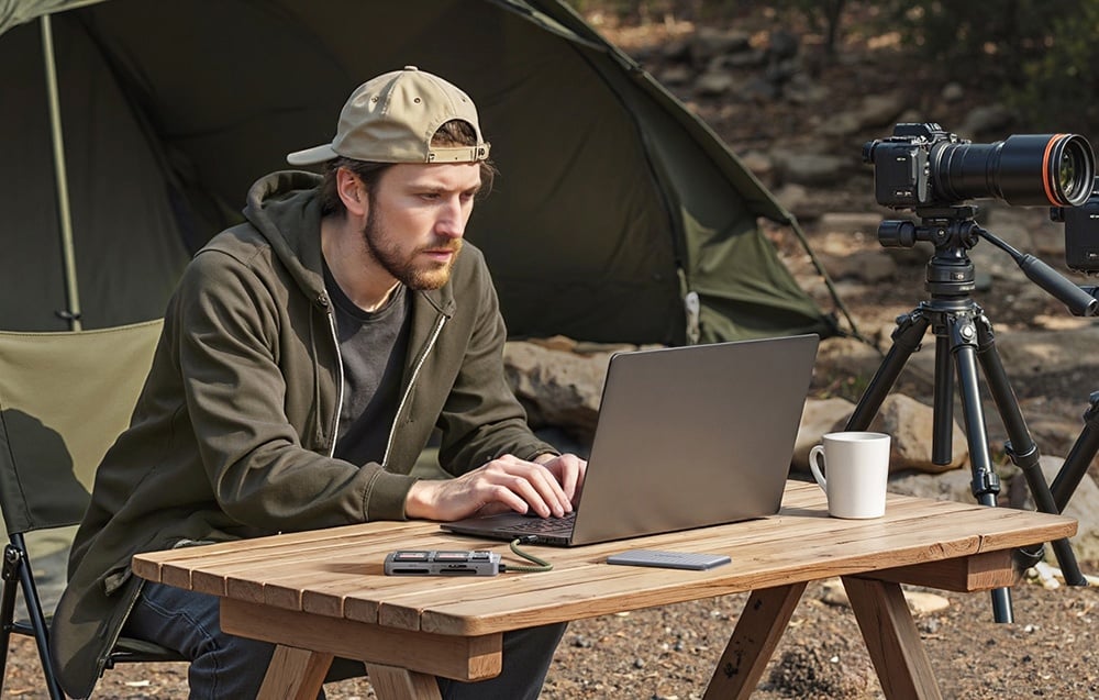 Mann arbeitet an einem Laptop an einem Holztisch im Camp mit Kamera und Kartenleser auf dem Tisch