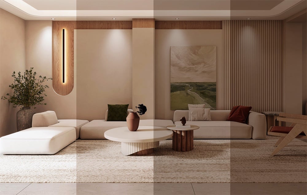 Lampa sufitowa Yeelight Meteor C230 oświetlająca salon z jasnymi sofami i stolikiem kawowym.