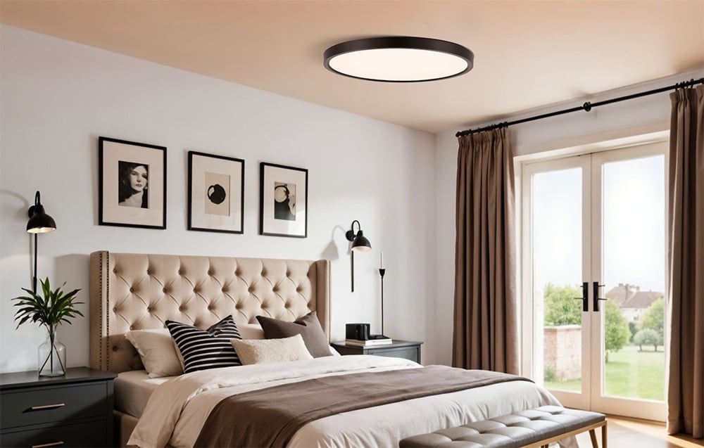 Lampa sufitowa Yeelight Meteor C230 w sypialni z tapicerowanym zagłówkiem, trzema obrazami na ścianie i dużymi drzwiami balkonowymi.