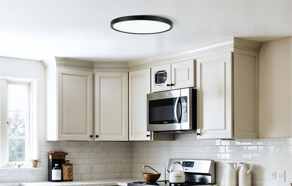 Lampa sufitowa Yeelight Meteor C300 zamontowana w jasnej kuchni z białymi szafkami i metalową kuchenką mikrofalową.