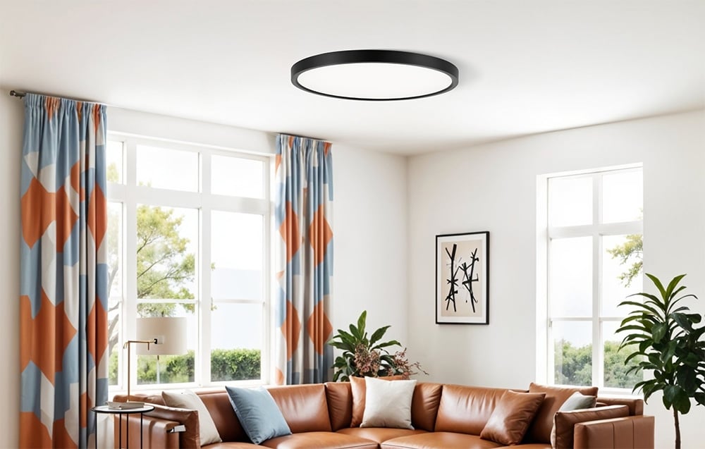 Lampa sufitowa Yeelight Meteor C300 zamontowana w jasnym salonie z brązową sofą, kolorowymi zasłonami i dużymi oknami.