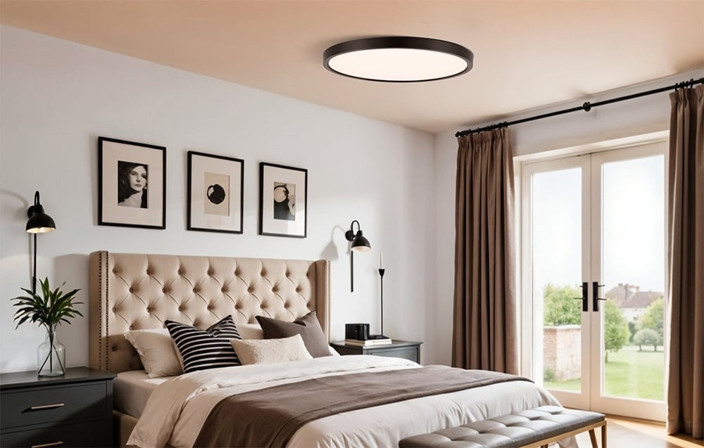 Lampa sufitowa Yeelight Meteor C300 w sypialni z tapicerowanym zagłówkiem, trzema obrazami na ścianie i dużymi drzwiami balkonowymi.