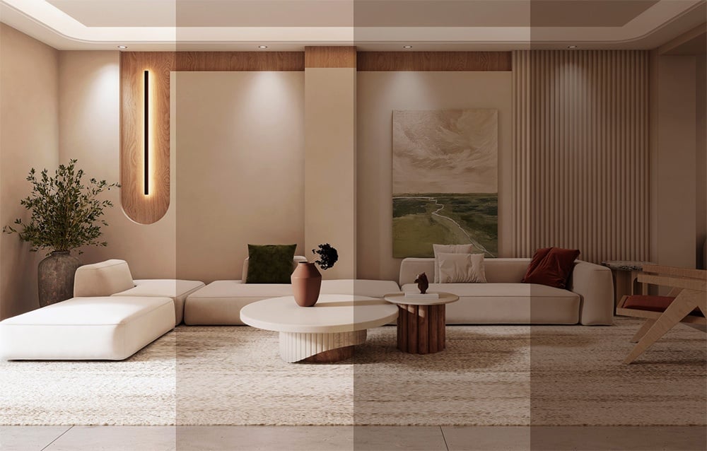 Lampa sufitowa Yeelight Meteor C400 oświetlająca salon z jasnymi sofami i stolikiem kawowym.