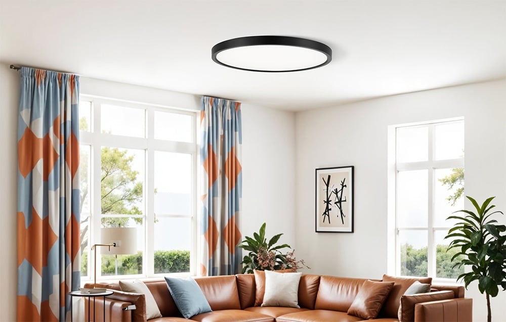 Lampa sufitowa Yeelight Meteor C500 zamontowana w jasnym salonie z brązową sofą, kolorowymi zasłonami i dużymi oknami.