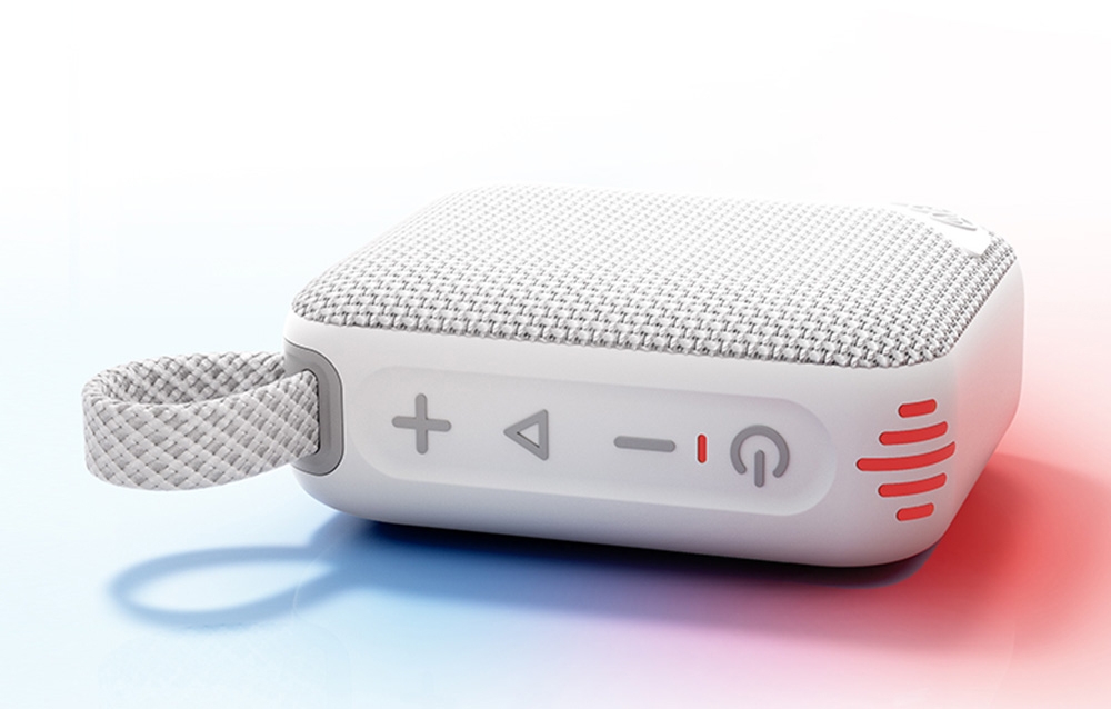 Biały głośnik z przyciskami sterującymi i czerwonym podświetleniem