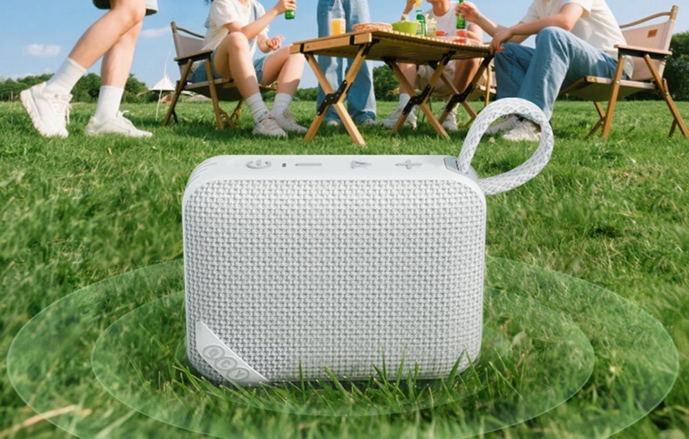 Szary głośnik Bluetooth ustawiony na trawie, za nim grupa ludzi przy stoliku