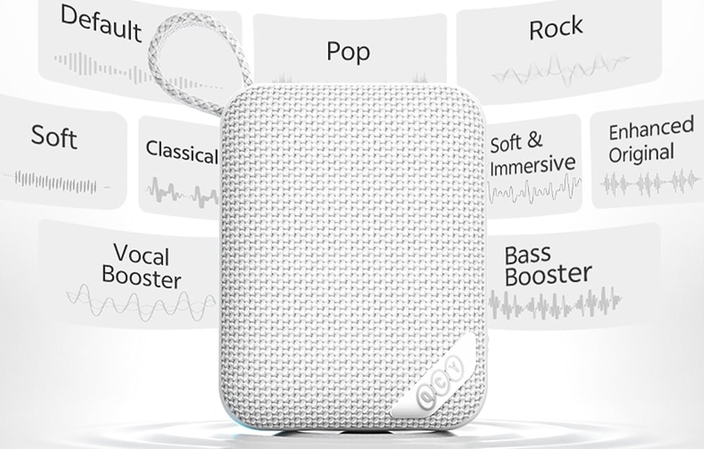 Biały głośnik Bluetooth otoczony różnymi trybami dźwięku: Pop, Rock, Classical, Bass Booster i innymi