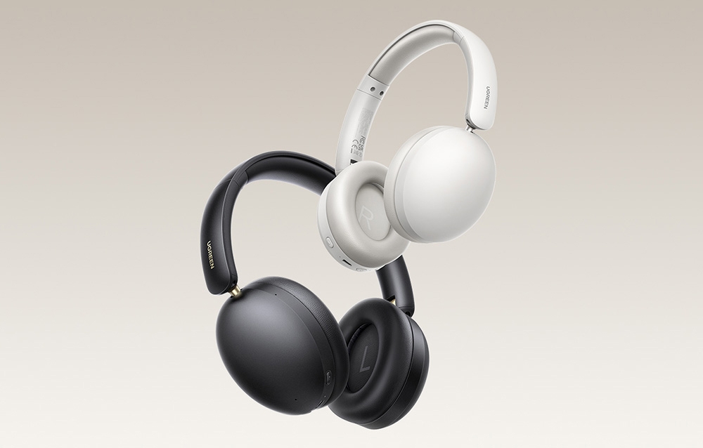 dwie pary słuchawek Ugreen Studio Max2 w kolorze czarnym i białym na jasnym tle