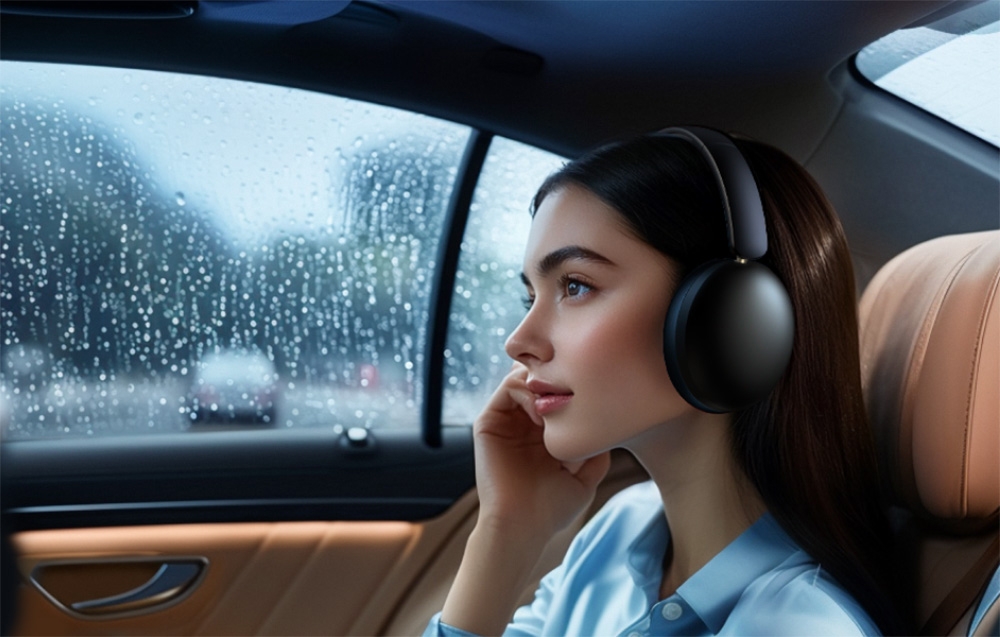 kobieta w niebieskiej koszuli siedząca na tylnym siedzeniu samochodu nosząca słuchawki Ugreen Studio Max2, szyba samochodu pokryta jest kroplami deszczu