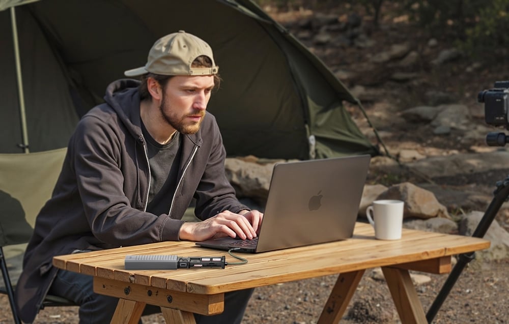 Mężczyzna używa laptopa przy drewnianym stole na tle namiotu w plenerze, z podłączonym hubem