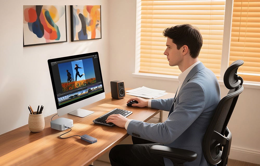 Mężczyzna w szarym garniturze pracujący na komputerze, do którego podłączona jest obudowa na dysk Ugreen D703.