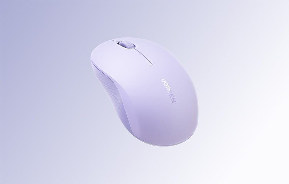 Mysz bezprzewodowa Ugreen M331 w fioletowym kolorze na jasnym tle.