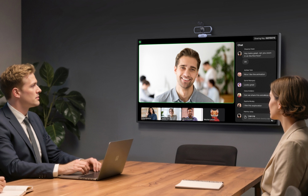 Mężczyzna i kobieta prowadzący rozmowę wideo z grupą ludzi, na ekranie zamontowana jest kamera Ugreen CM831.