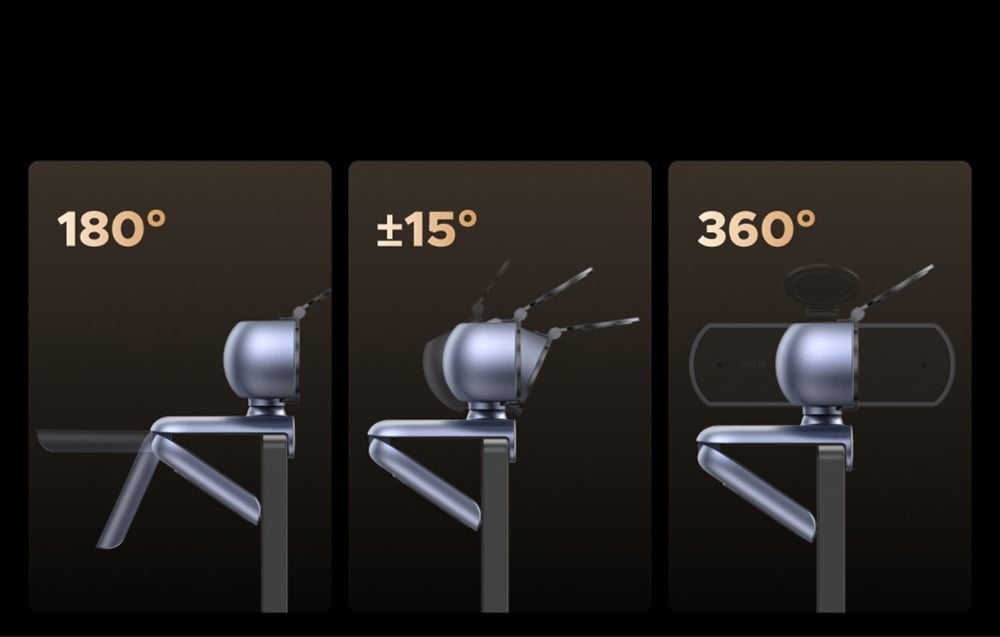 Wizualizacja kamery Ugreen CM831 i możliwości regulowania kąta w 180, 15 i 360 stopniach.