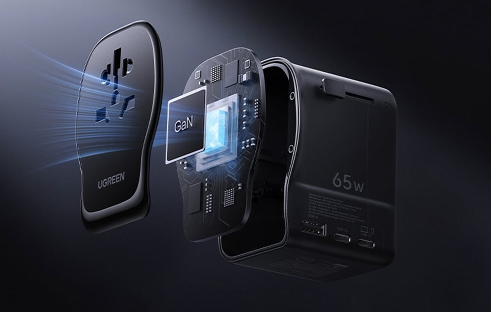 Wizualizacja wnętrza adaptera Ugreen S550 z wykorzystaną technologią GaN.