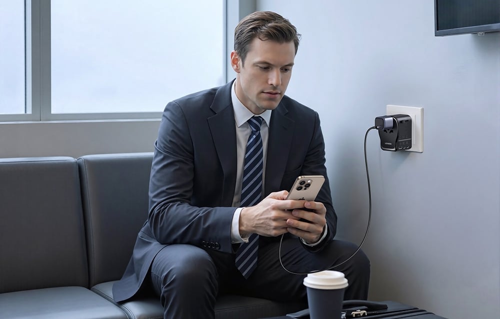 Mężczyzna w garniturze ładujący swojego smartfona za pomocą ładowarki Ugreen S550.