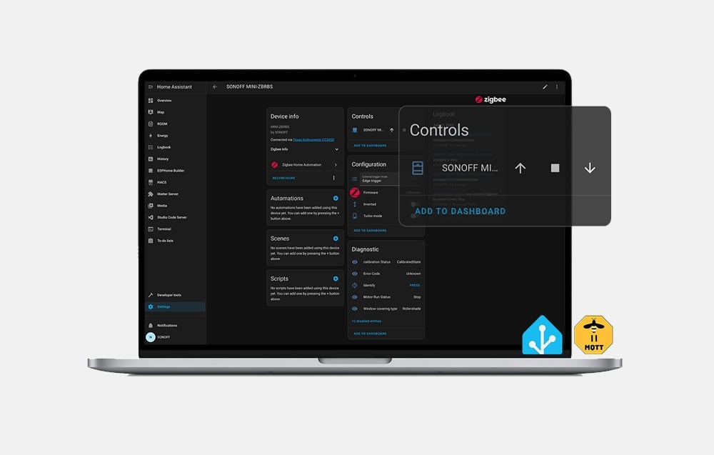 Laptop z interfejsem Home Assistant pokazującym konfigurację urządzenia SONOFF MINI-ZBRBS i panel kontrolny