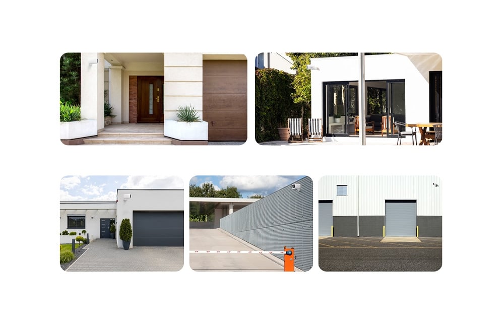 Sześć zdjęć różnych typów budynków - domy mieszkalne, tarasy, garaże i budynki przemysłowe