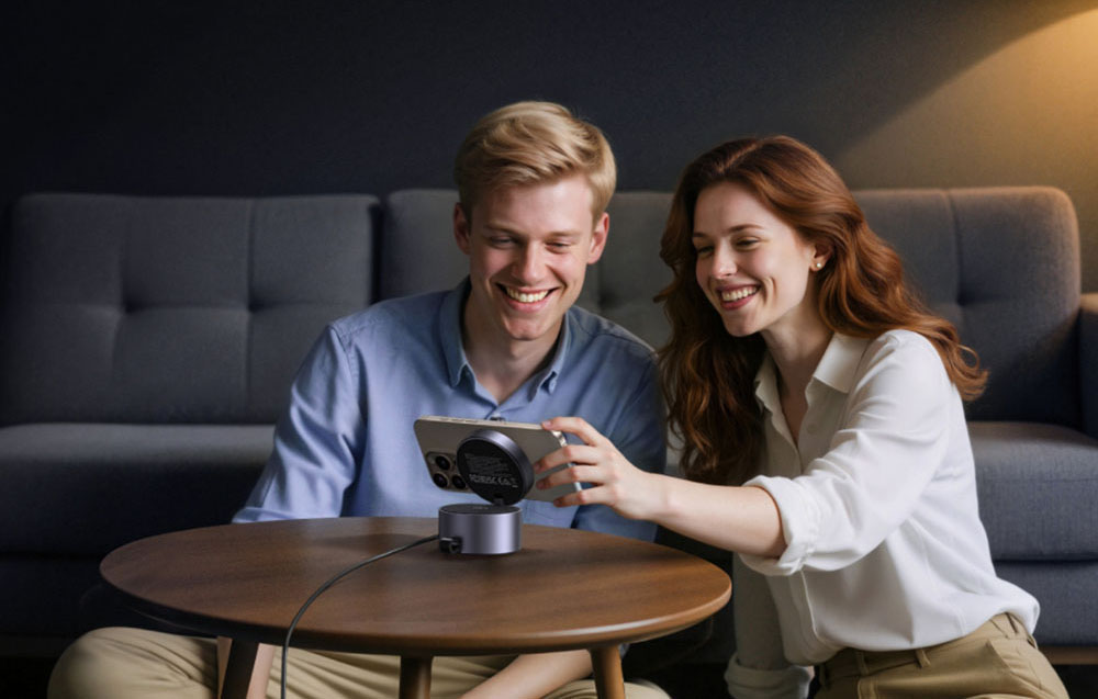 Mężczyzna o kobieta siedzą przy stoliku, na którym leży smartfon podłączony do ładowarki bezprzewodowej.