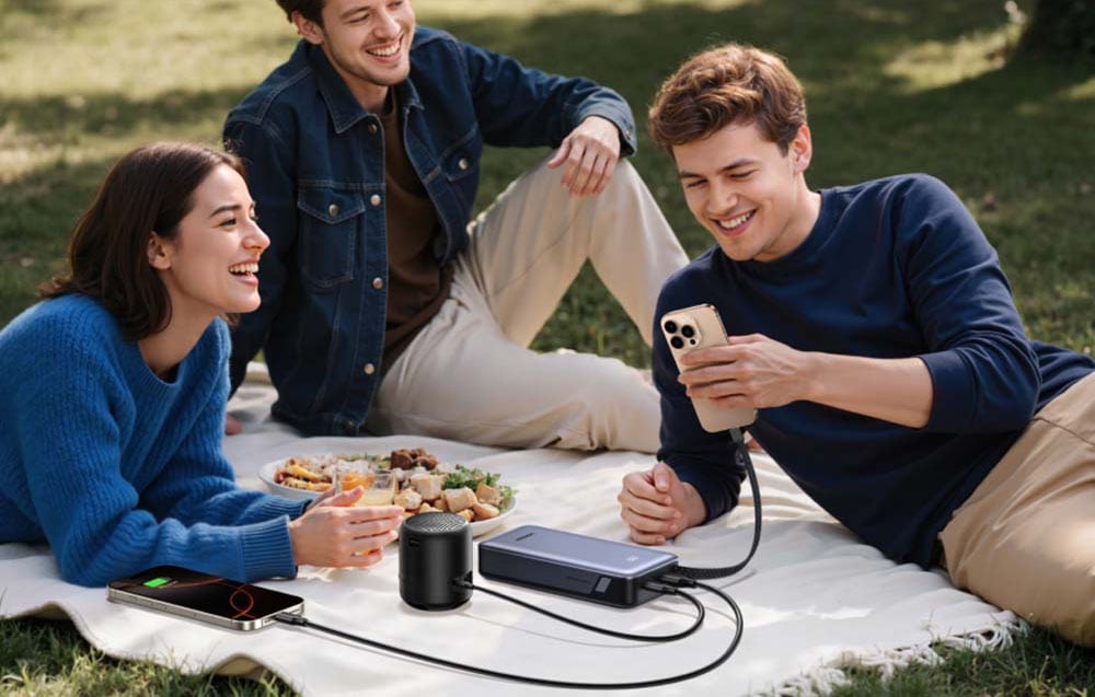 Three friends at a picnic. Two smartphones and a speaker are connected to the power bank lying on the blanket.