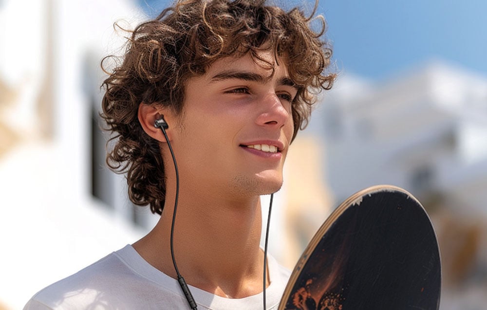A man with curly hair and a skateboard wears wired in-ear headphones against a backdrop of bright buildings
