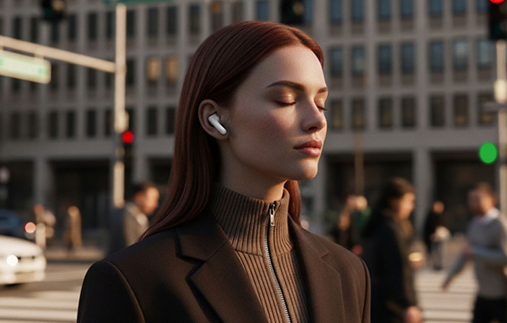 Kobieta z zamkniętymi oczami stoi na przejściu dla pieszych, nosząc białą słuchawkę bezprzewodową