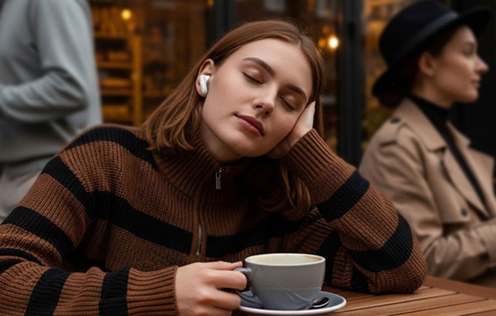 Kobieta w brązowym swetrze siedzi przy stoliku z filiżanką, z zamkniętymi oczami i białą słuchawką w uchu