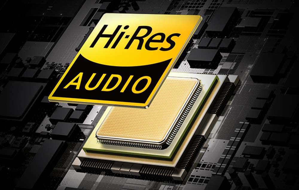 Ilustracja układu scalonego z dużym napisem Hi-Res Audio na tle komponentów elektronicznych