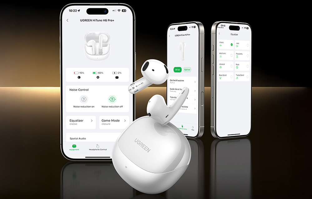 Białe słuchawki bezprzewodowe UGREEN stoją przed trzema smartfonami z aplikacją do zarządzania słuchawkami