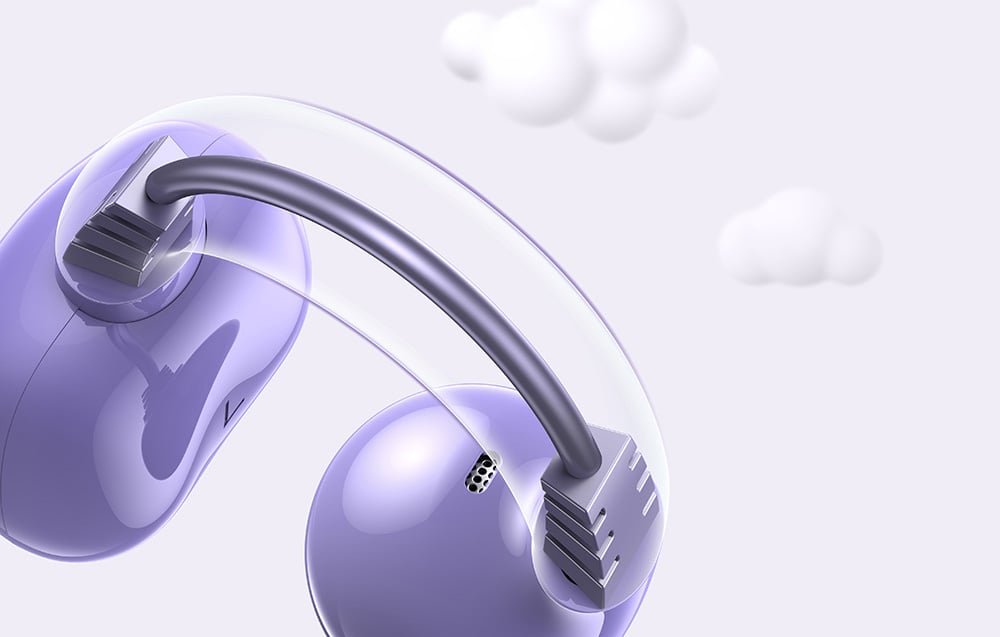 Close-up of purple wireless headphones with a transparent band and a stylized background with clouds
