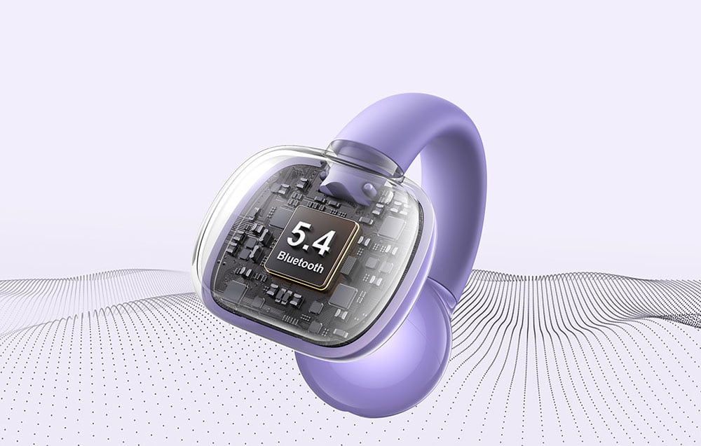 Purple wireless headphone with visible electronic components and Bluetooth 5.4 marking