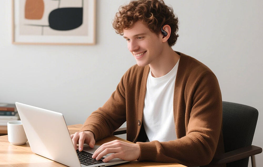 Uśmiechnięty mężczyzna pracuje przy laptopie, nosząc czarną bezprzewodową słuchawkę douszną