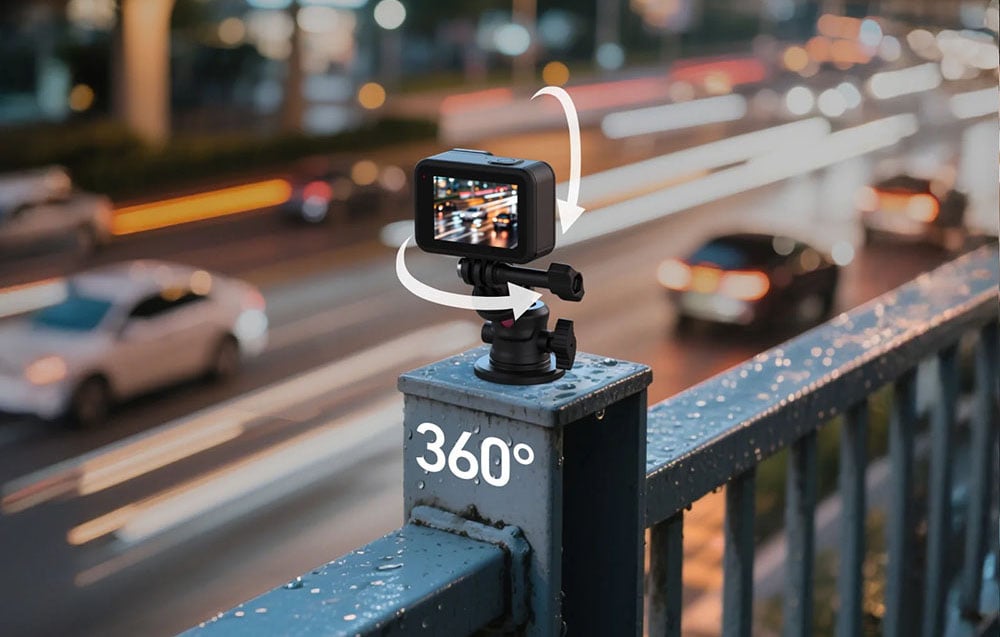 Kamera sportowa zamocowana na magnetycznym uchwycie TELESIN na metalowej barierce, obracająca się o 360 stopni