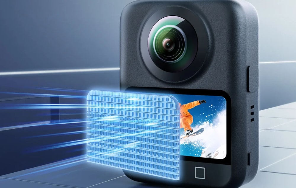 Visualisierung des Schutzes des Bildschirms der 360°-Kamera durch gehärtetes Glas, mit dem Effekt eines digitalen Sicherheitsnetzes